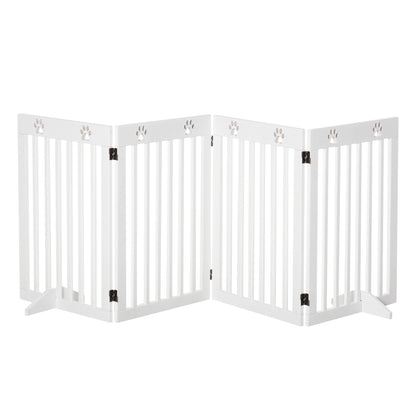 PawHut Pet Gate 4 Panel Wooden Foldable Fence Freestanding Dog Safety Barrier with 2 Support Feet for Doorways Stairs 80'' x 30'' White