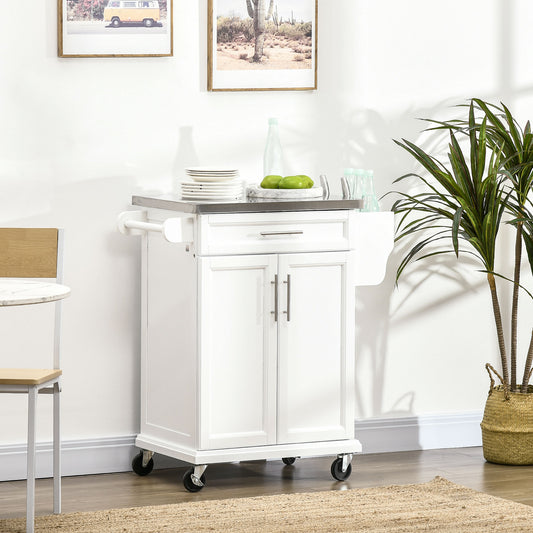 Wooden Freestanding Kitchen Island on Wheels, Serving Cart Storage Trolley with Stainless Steel Top, Drawer, Side Handle and Rack