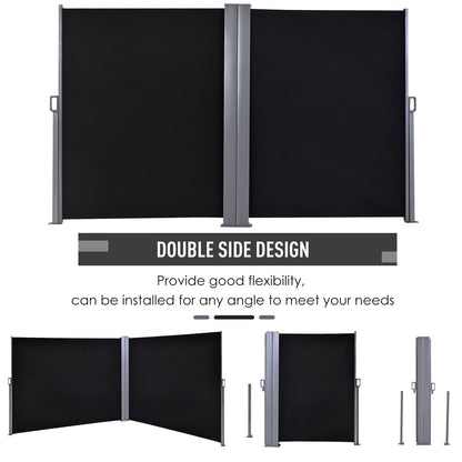 Outsunny 6 x 1.6 M Double Canopy Pull-Out Side Awning Sun Rain Outdoor Protection w/ Steel Frame Retractable Garden Privacy Home Commercial Black