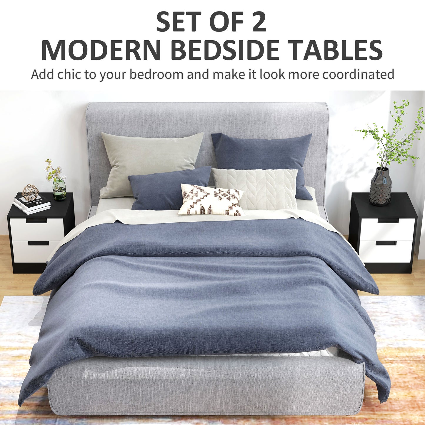 Bedside Tables Set of 2, Nightstands with 2 Drawers, Modern Bedside Cabinets with Storage for Bedroom, Living Room, White and Black