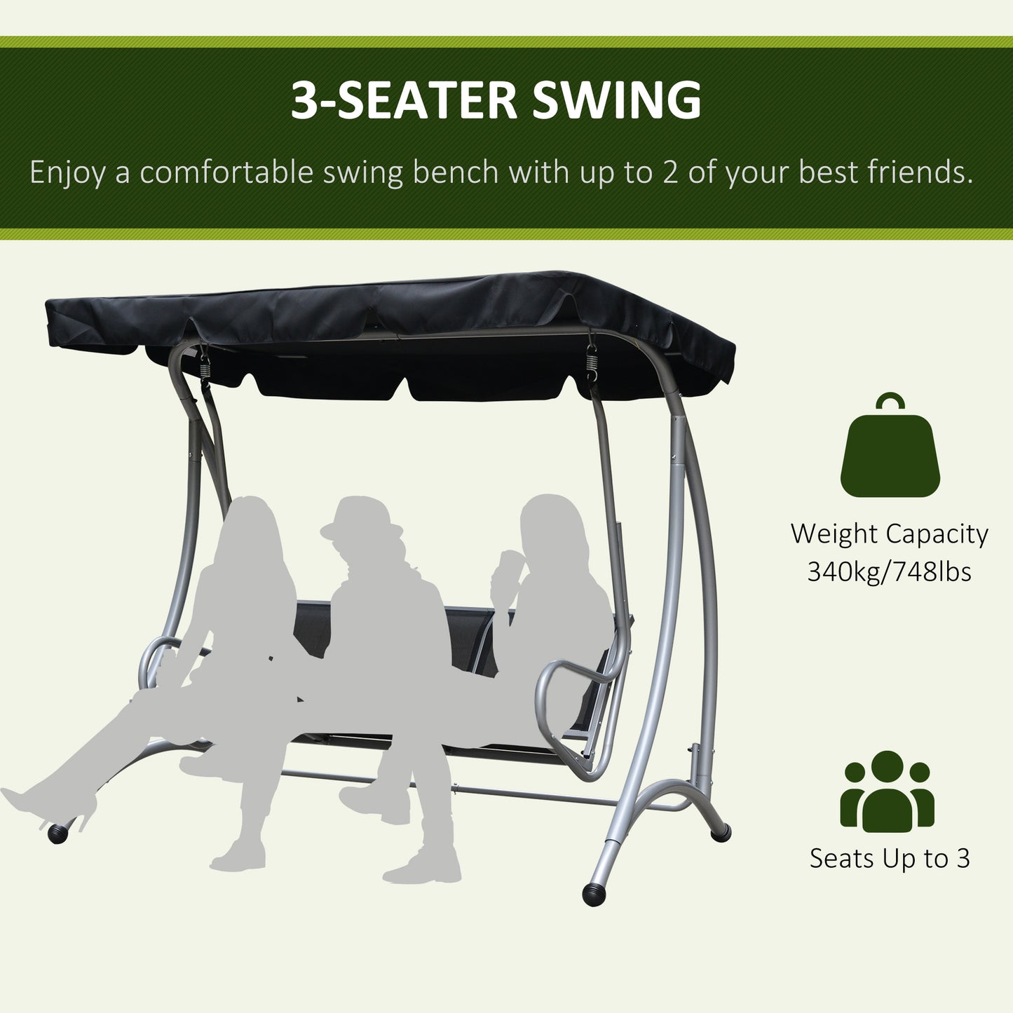 Outsunny 3 Seater Bench Steel Outdoor Patio Porch Swing Chair with Adjustable Canopy - Black