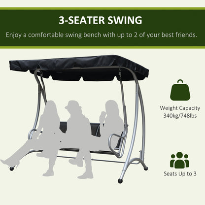 Outsunny 3 Seater Bench Steel Outdoor Patio Porch Swing Chair with Adjustable Canopy - Black