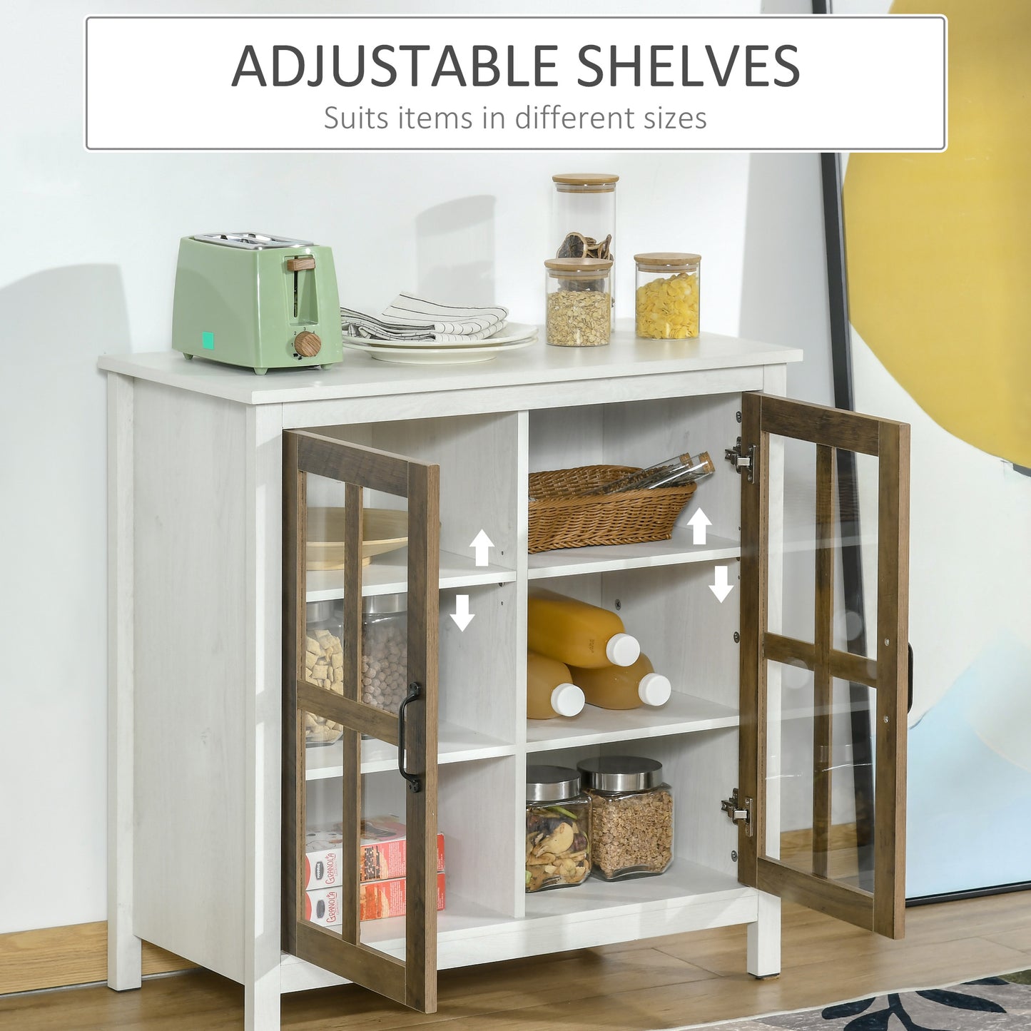 Kitchen Sideboard, Glass Door Storage Cabinet, Accent Cupboard with Adjustable Shelf for Dining Room, Living Room, Distressed White