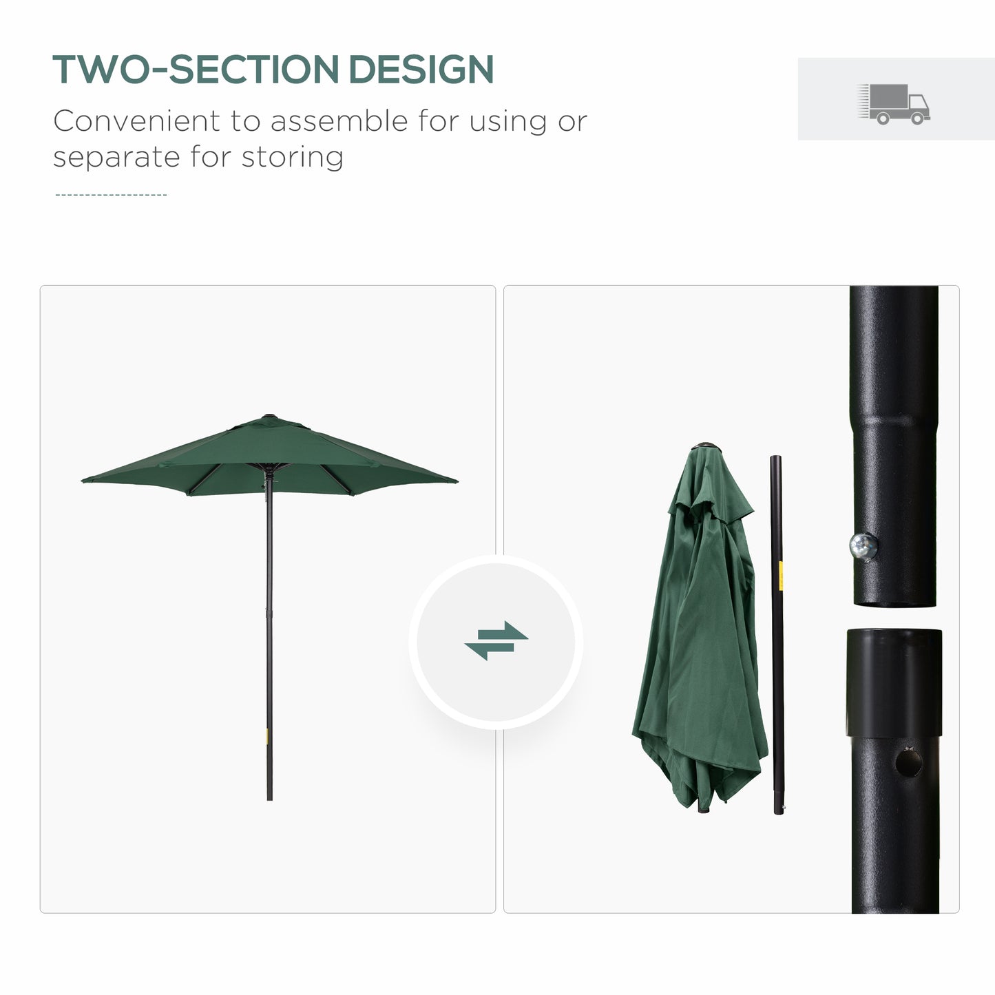 2m Patio Parasol Umbrella, Outdoor Sun Shade with 6 Sturdy Ribs for Balcony, Bench, Garden, Green
