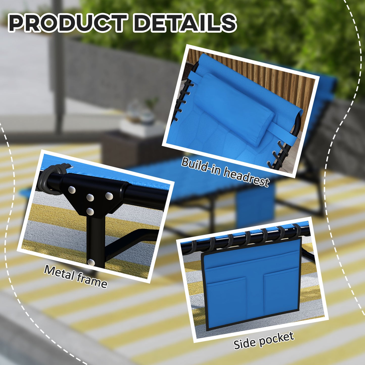 Outsunny Foldable Sun Lounger With 5 Level Reclining Back Outdoor Tanning Chair With Side Pocket, Headrest - Blue