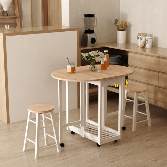 3 Piece Wooden Kitchen Cart Mobile Rolling Trolley Folding Bar Table Two Stools Dining Chair Storage Shelf w/2 Drawers & 6 Wheels