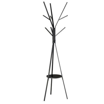 Free Standing Metal Coat Rack Stand 9 Hooks Clothes Tree with 1 Shelf Hat Display Hall Tree Hanger Bag Umbrella Hanging Organiser (Black) 180cm