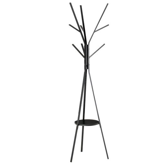 Free Standing Metal Coat Rack Stand 9 Hooks Clothes Tree with 1 Shelf Hat Display Hall Tree Hanger Bag Umbrella Hanging Organiser (Black) 180cm