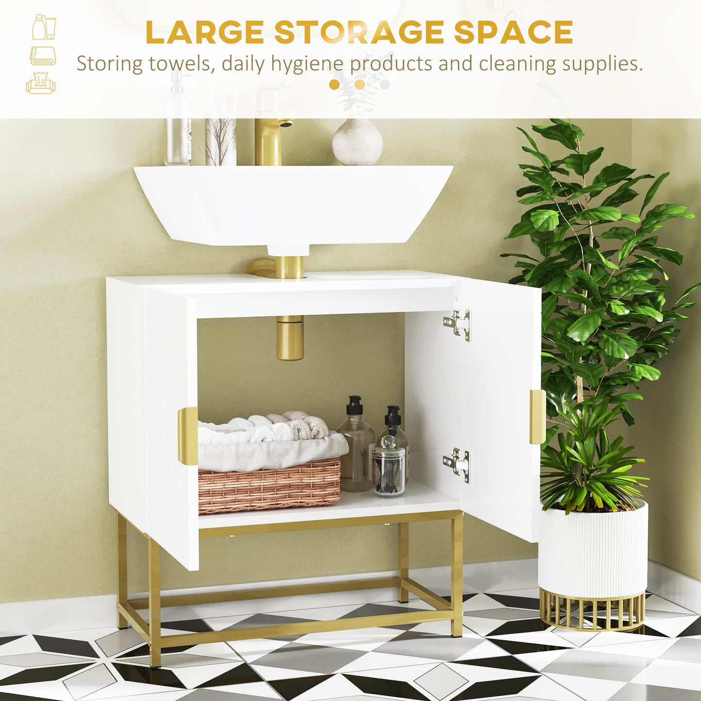 Kleankin Bathroom Cabinet Under Sink Storage Cabinet Basin Cupboard with 2 Doors and Gold Steel Legs