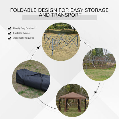 Outsunny 3.2m Pop Up Gazebo Hexagonal Canopy Tent Outdoor Sun Protection with Mesh Sidewalls, Handy Bag, Brown