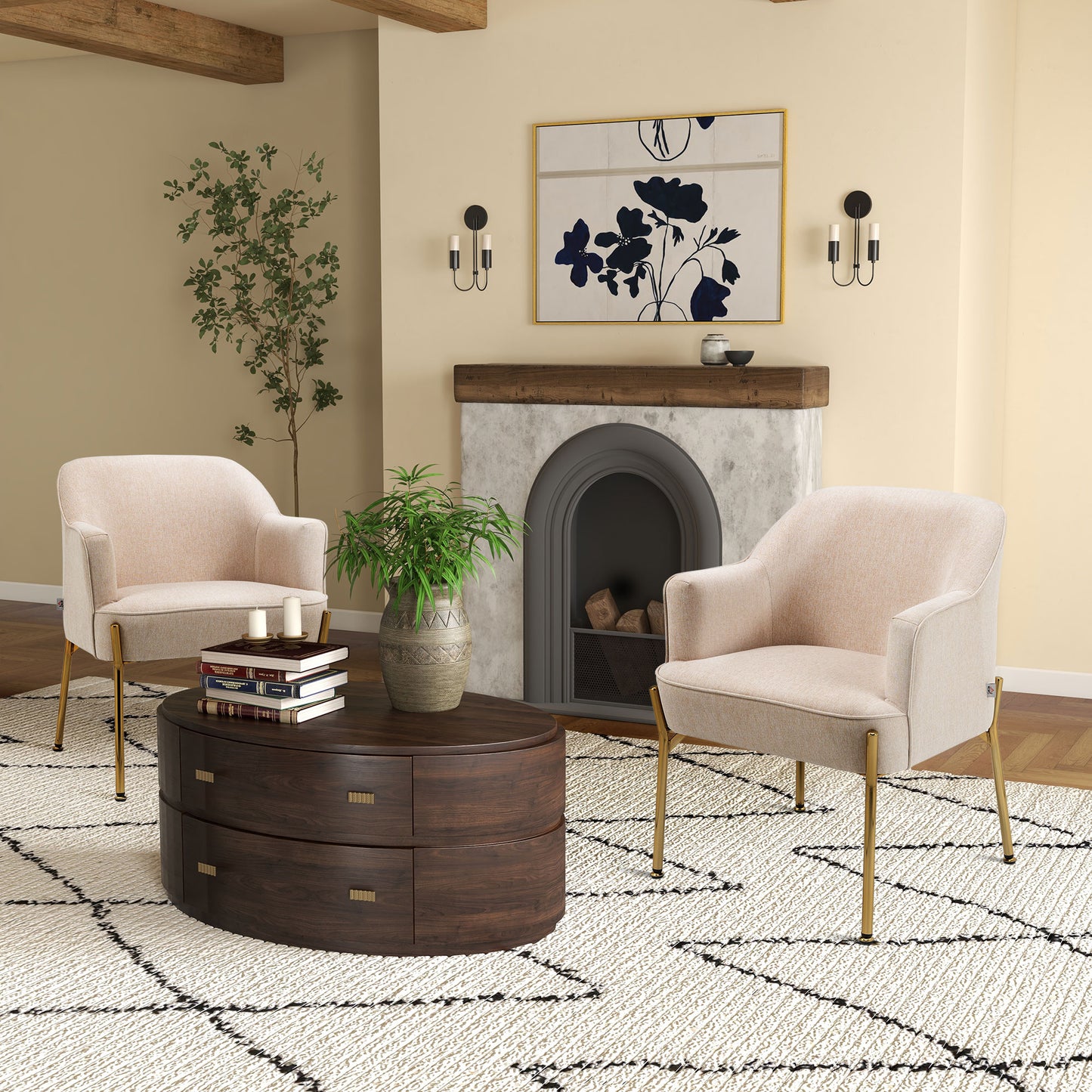 Accent Chair, Living Room Armchair, Vanity Chair with Gold Plating Metal Legs and Soft Padded Seat for Bedroom and Café, Set of 2, White