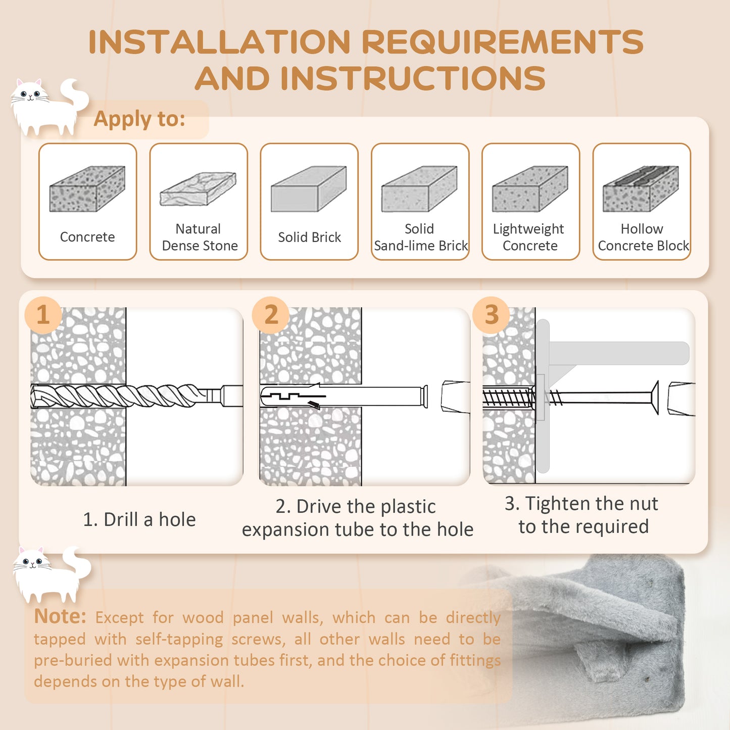 PawHut 4 Piece Wall-Mounted Cat Shelves w/ Scratching Post, Hammock, Nest, Grey and Cream