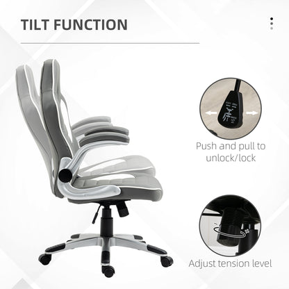 Racing Gaming Chair, PU Leather Computer Desk Chair, Height Adjustable Swivel Chair With Tilt Function and Flip Up Armrests, Grey