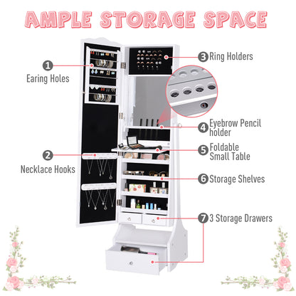 Jewellery Cabinet with led, Mirror Cabinet Armoire Floor Standing Flip-over Makeup Shelf Organizer with lock white