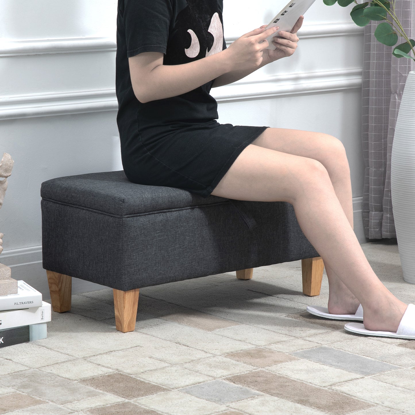 Linen Storage Ottoman Padded Footstool with Rubberwood Legs Ideal for Bed End, Shoe Bench, Seating, Dark Grey