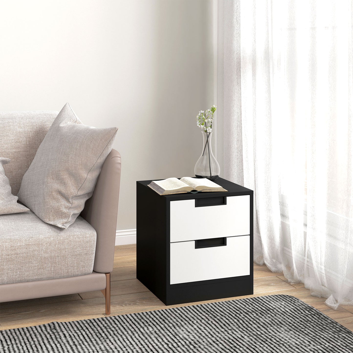 Bedside Tables Set of 2, Nightstands with 2 Drawers, Modern Bedside Cabinets with Storage for Bedroom, Living Room, White and Black