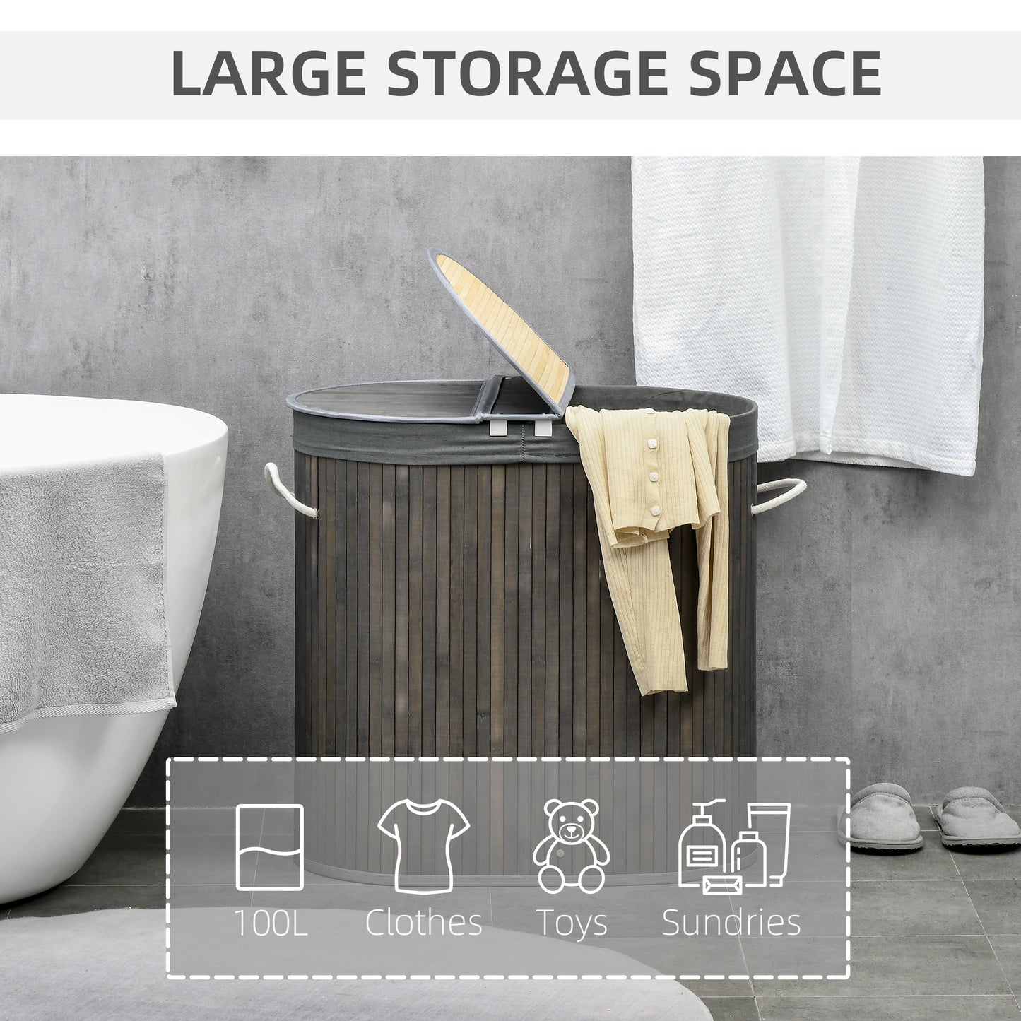 Bamboo Laundry Basket with Lid, 100 Litres Laundry Hamper with 2 Sections, Removable Washable Lining, Washing Baskets, 62.5 x 37 x 60.5cm, Grey