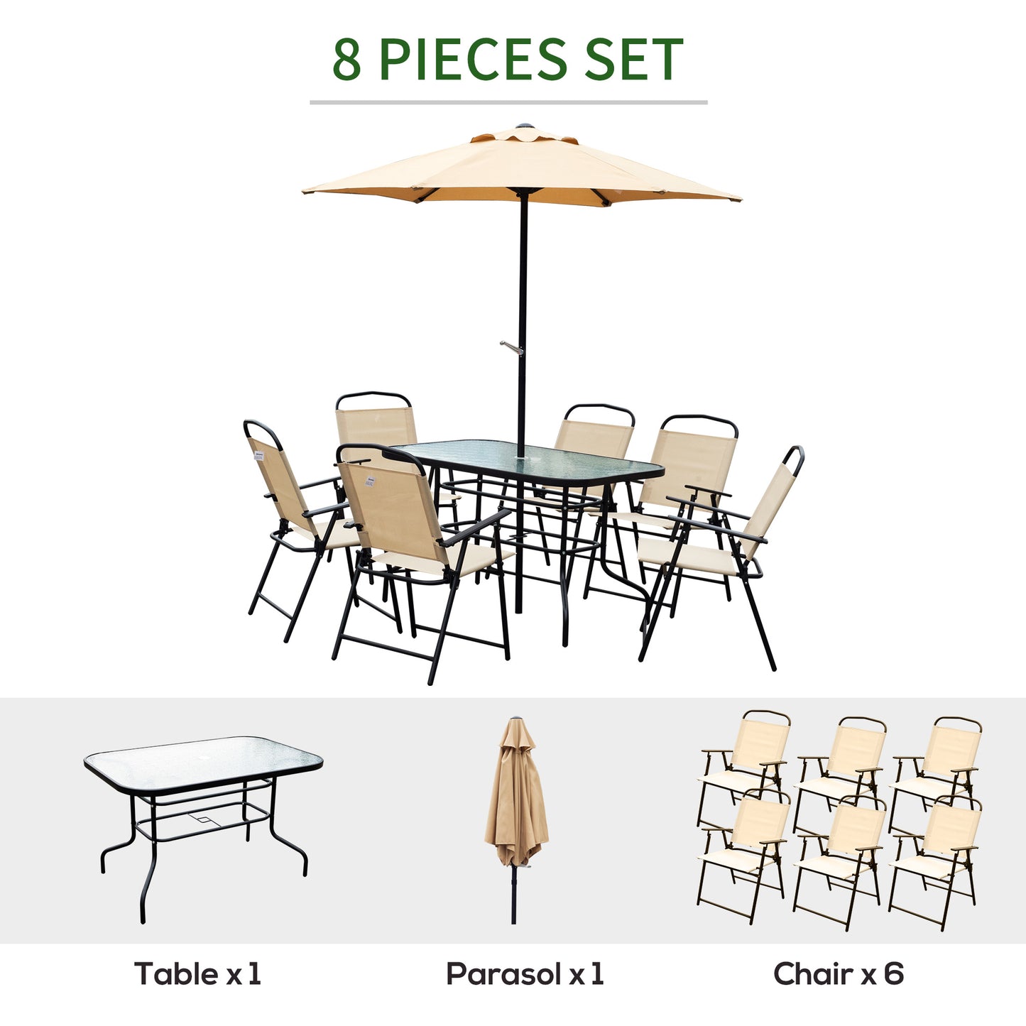 Outsunny 8 Piece Dining Set W/Umbrella, Textilene-Beige