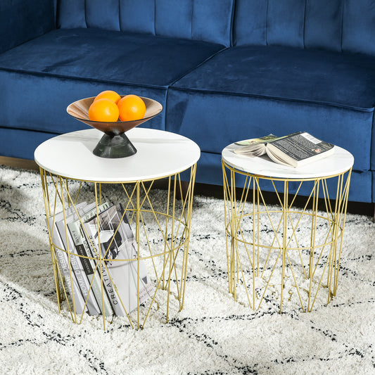 Set of 2 Nesting Side Tables With Storage, Round End Tables Coffee Tables With Steel Frame and Removable Round Top, White