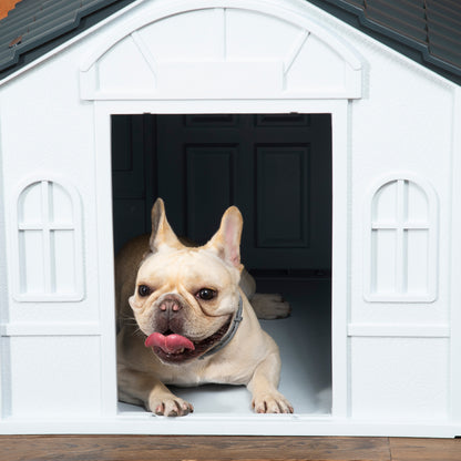 Plastic Dog Kennel House | Weatherproof | Slanted Roof | Cottage Windows | No-Tool Assembly | Medium Dogs up to 20kg | 65 x 75.7 x 63cm | Grey