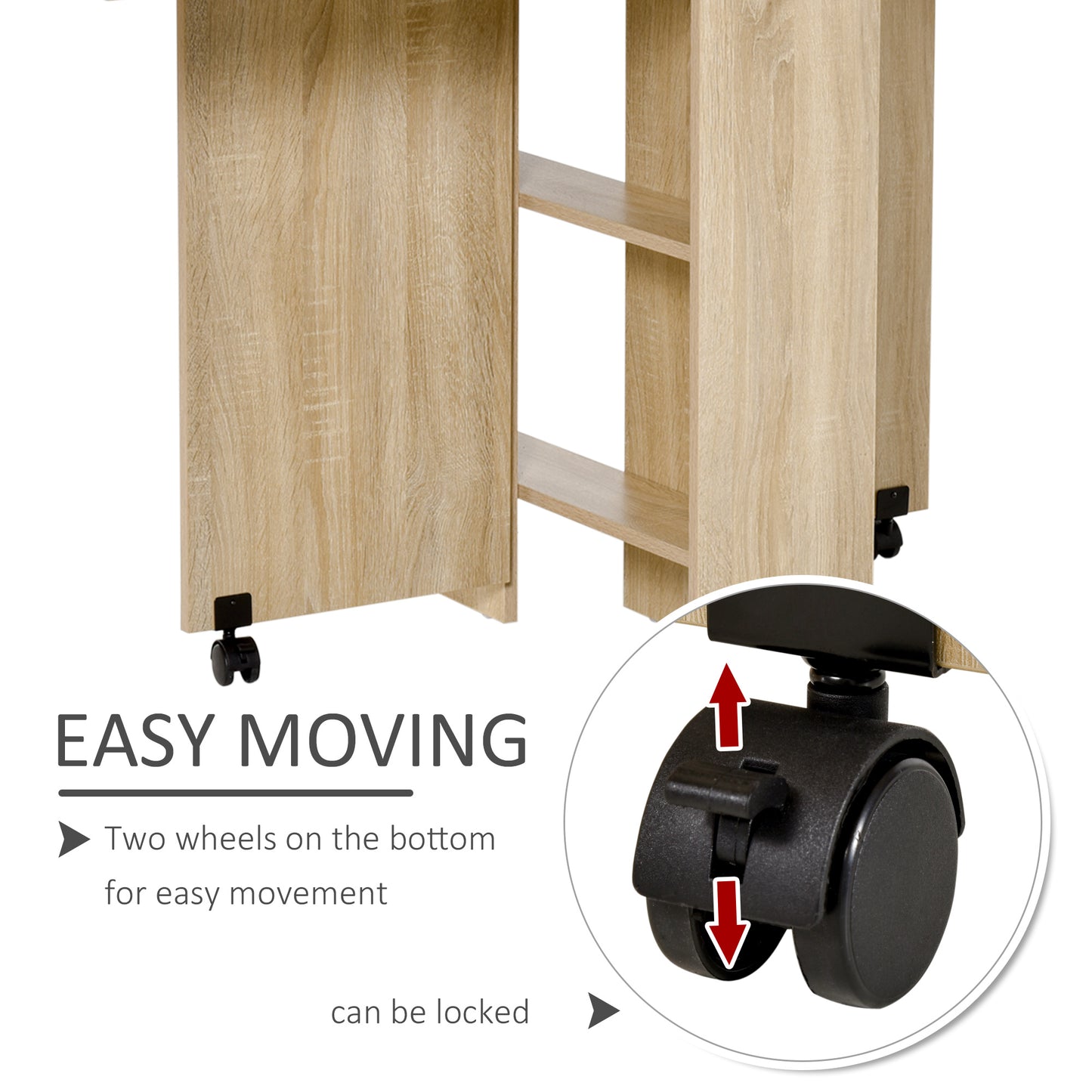 Mobile Drop Leaf Dining Kitchen Table Folding Desk For Small Spaces With 2 Wheels & 2 Storage Shelves Oak