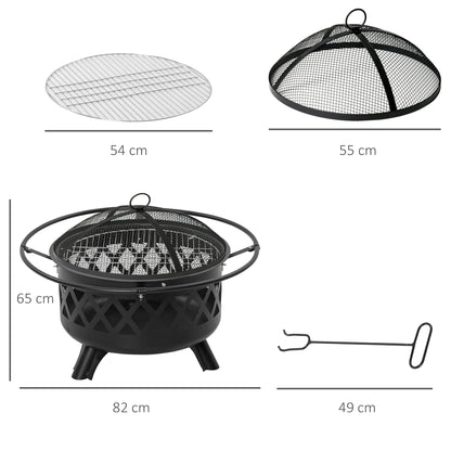 Outsunny 2-in-1 Outdoor Fire Pit with BBQ Grill, Patio Heater Log Wood Charcoal Burner, Firepit Bowl w/Spark Screen Cover, Poker for Backyard Bonfire
