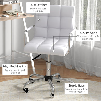 Home Office Chair and Computer Desk Set, Faux Leather Desk Chair with Swivel Wheels, Study Desk with Storage Shelf, White