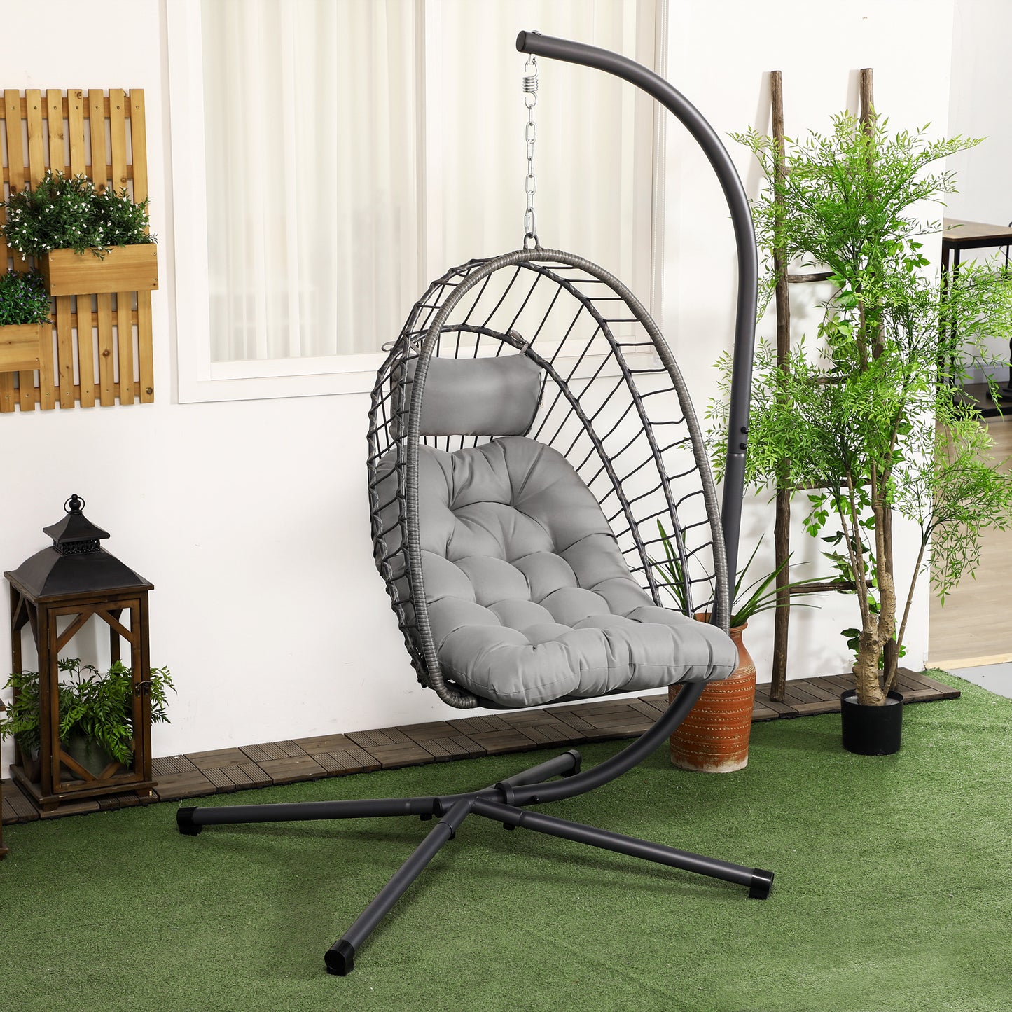 Outsunny Outdoor PE Rattan Swing Chair With Thick Padded Cushion, Foldable Basket Patio Hanging With Metal Stand - Light Grey