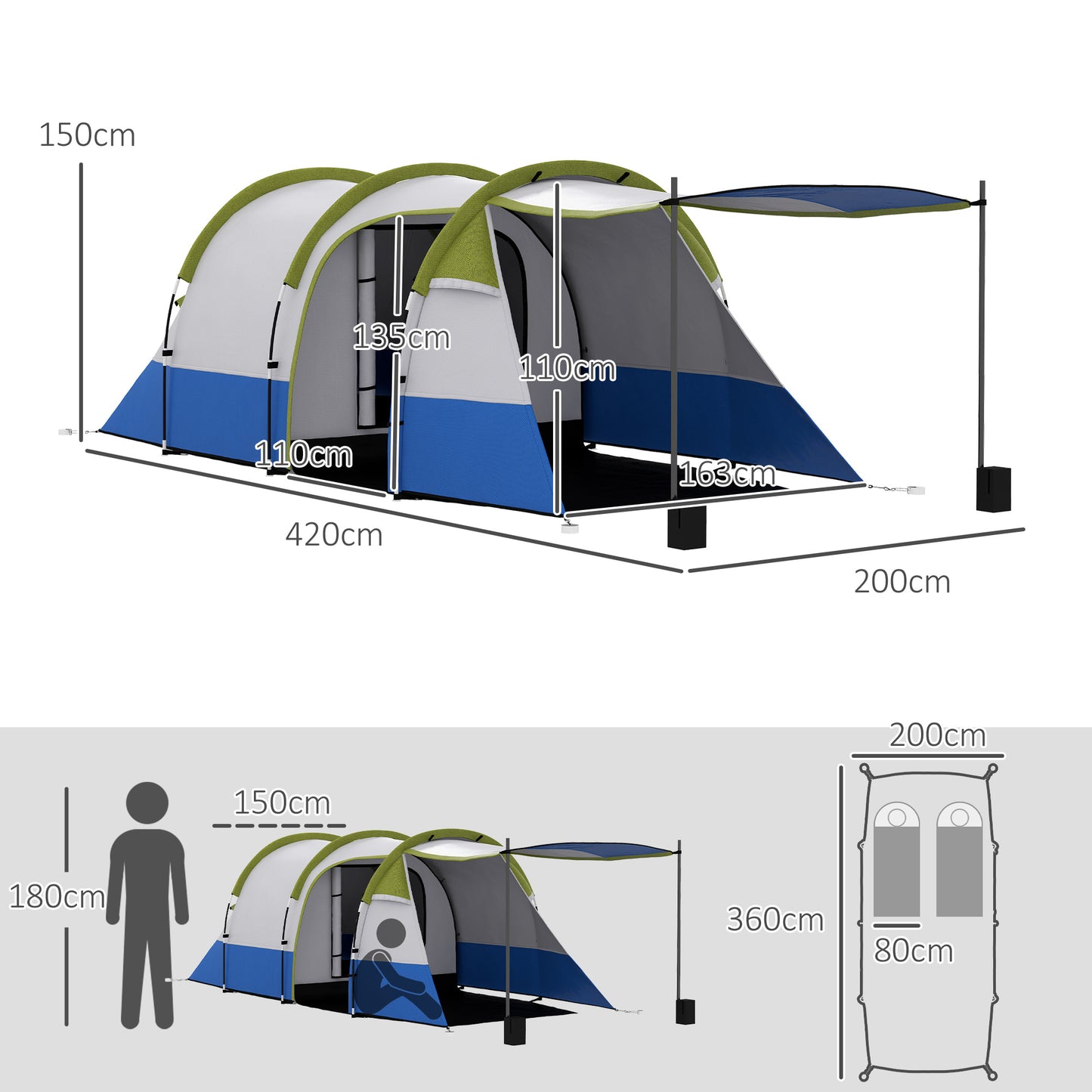 Outsunny Camping Tent, Large Tunnel Tent with Bedroom and Living Area, 2000mm Waterproof, Portable with Bag for 2-3 Man, Green