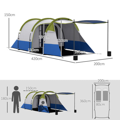 Outsunny Camping Tent, Large Tunnel Tent with Bedroom and Living Area, 2000mm Waterproof, Portable with Bag for 2-3 Man, Green