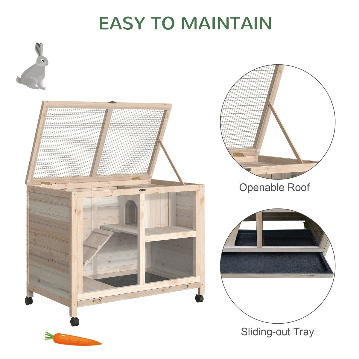 PawHut Wooden Rabbit Hutch Guinea Pigs House Bunny Small Animal Cage W/ Pull-out Tray Openable Roof And Wheels 91.5 x 53.3 x 73 cm