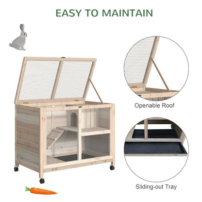 PawHut Wooden Rabbit Hutch Guinea Pigs House Bunny Small Animal Cage W/ Pull-out Tray Openable Roof And Wheels 91.5 x 53.3 x 73 cm