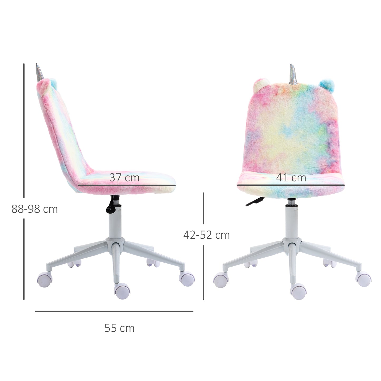 Fluffy Unicorn Office Chair | Armless Mid Back | Swivel | Sponge Padded Velvet | Adjustable Height 88-98cm | 5 Wheels | 120kg | Rainbow Multi-Colour