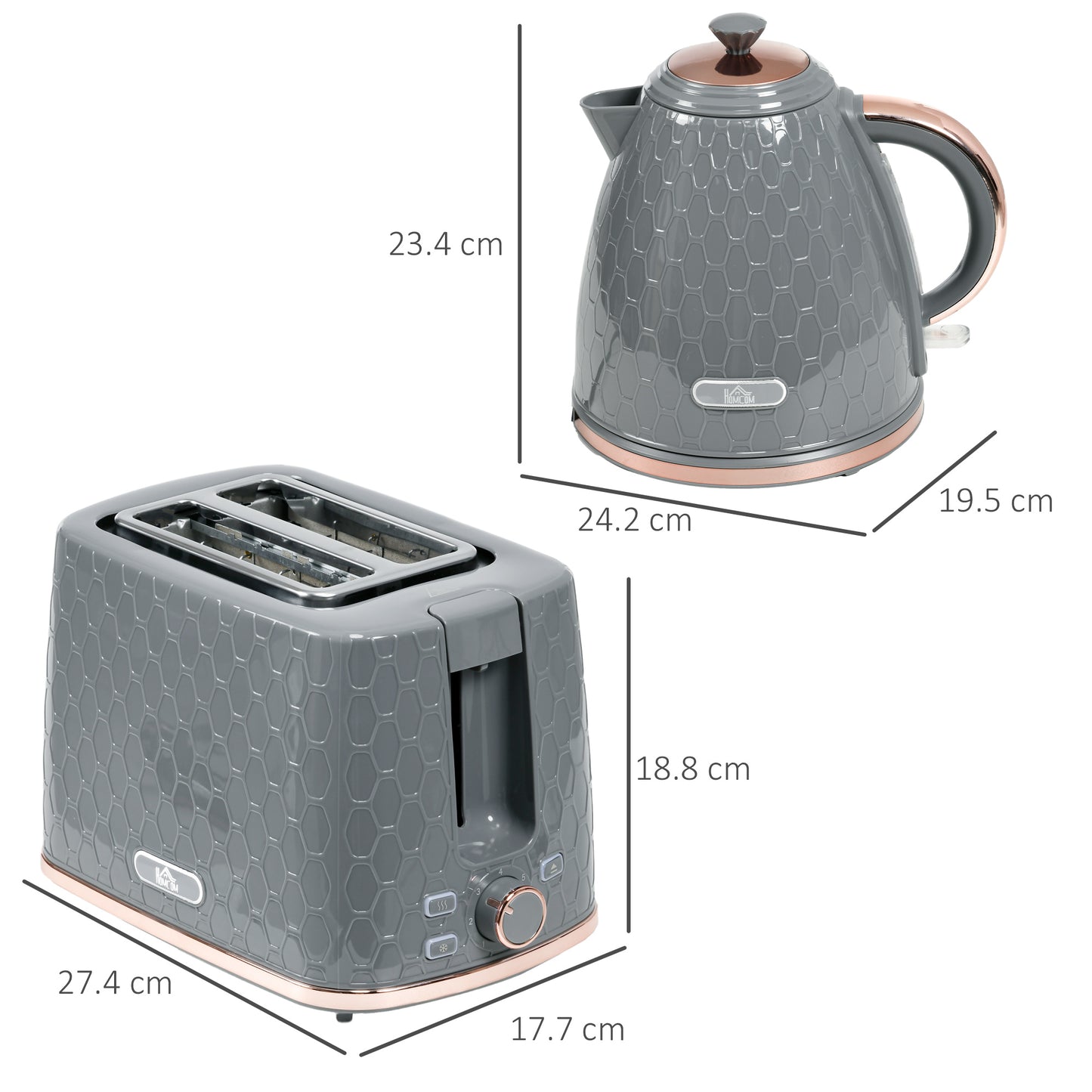 Fast Boil Kettle & 2 Slice Toaster Set, Kettle and Toaster Set with Auto Shut Off, Browning Controls, Grey 1.7L 3000W