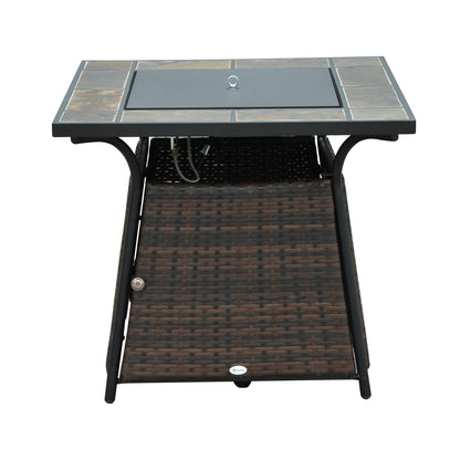 Outsunny Wicker Gas Fire Pit W/Lid 80Lx80Wx69H cm-Brown /Black