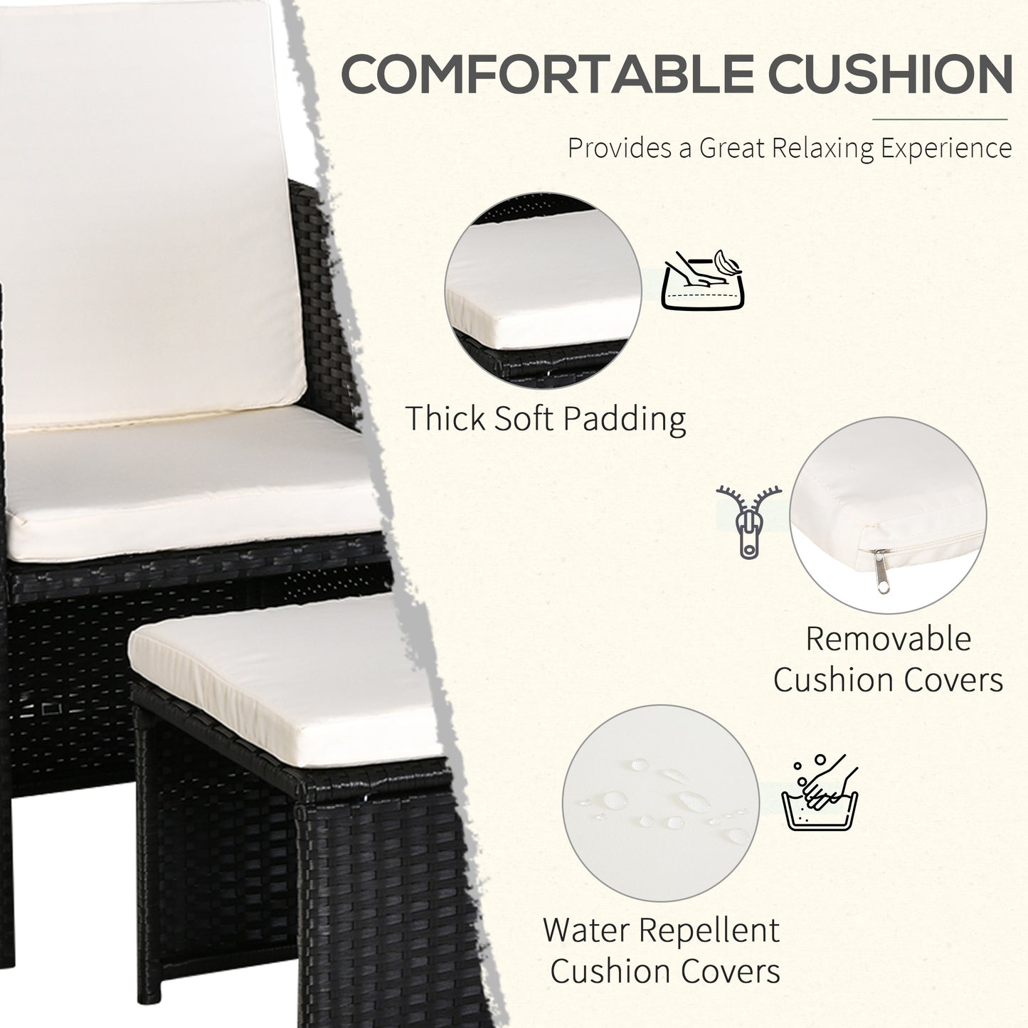 Outsunny 4-Seater Rattan Garden Furniture Space-saving Wicker Weave Sofa Set Conservatory Dining Table Table Chair Footrest Cushioned Black