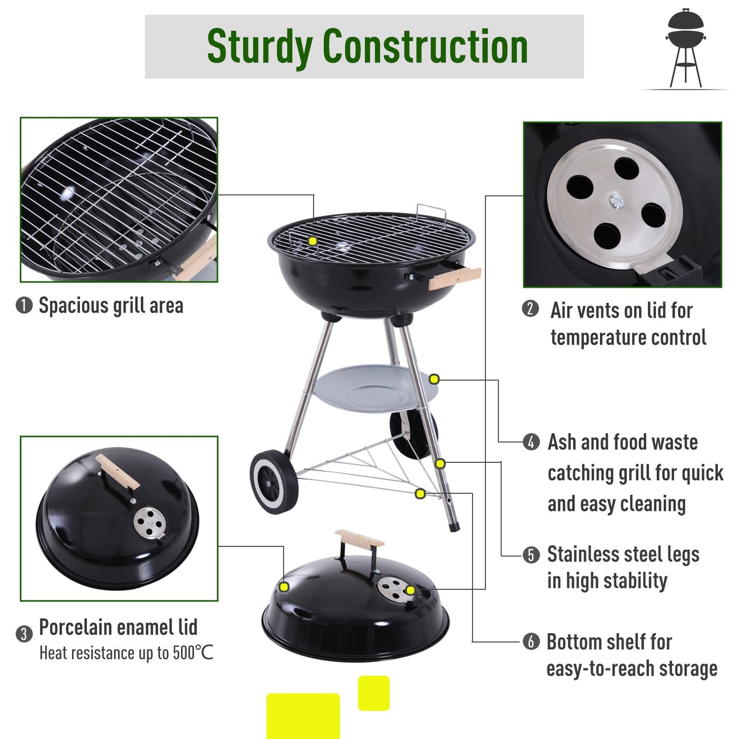 Outsunny BBQ Grill Charcoal Grill Portable Charcoal BBQ Round Kettle Grill Outdoor Heat Control Party Patio Barbecue