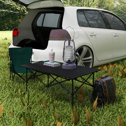 Outsunny Portable Aluminium Picnic Camping Table, Lightweight Folding With Roll Up Top, Carry Bag For Outdoor Camping - Black