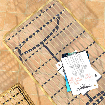 Outsunny 5 Piece Rattan Outdoor Dining Set Patio Conservatory w/ Tempered Glass Tabletop Hollowed-out Design - Natural Wood Finish