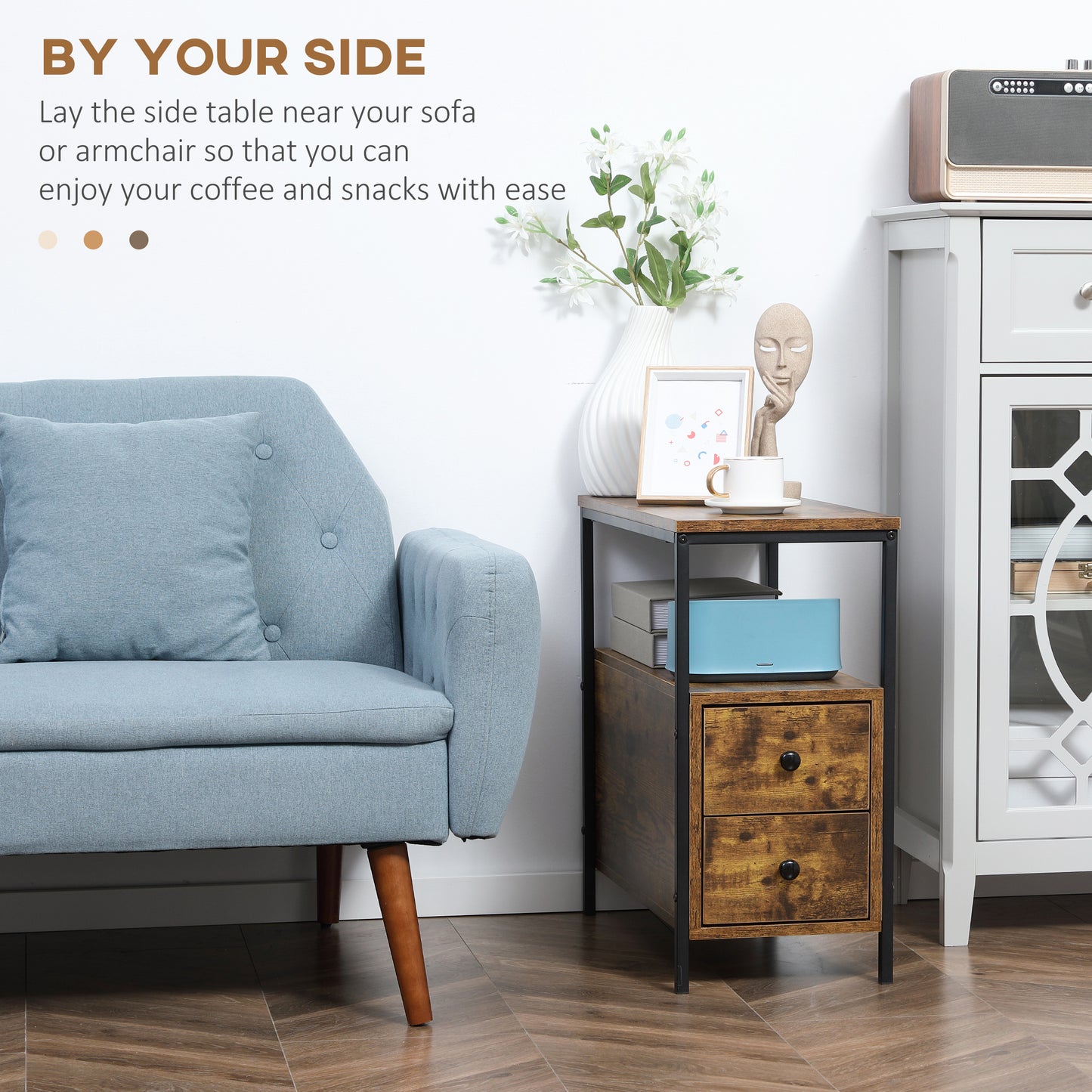 Side Table with 2 Drawers and Storage Shelf, Narrow End Table Bedside Table with Metal Frame for Small Spaces, Rustic Brown