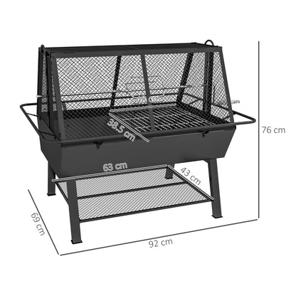 Outsunny 3-in-1 Charcoal Barbecue Grill, Rotisserie Roaster, Fire Pit with Storage Shelf and Mesh Lid