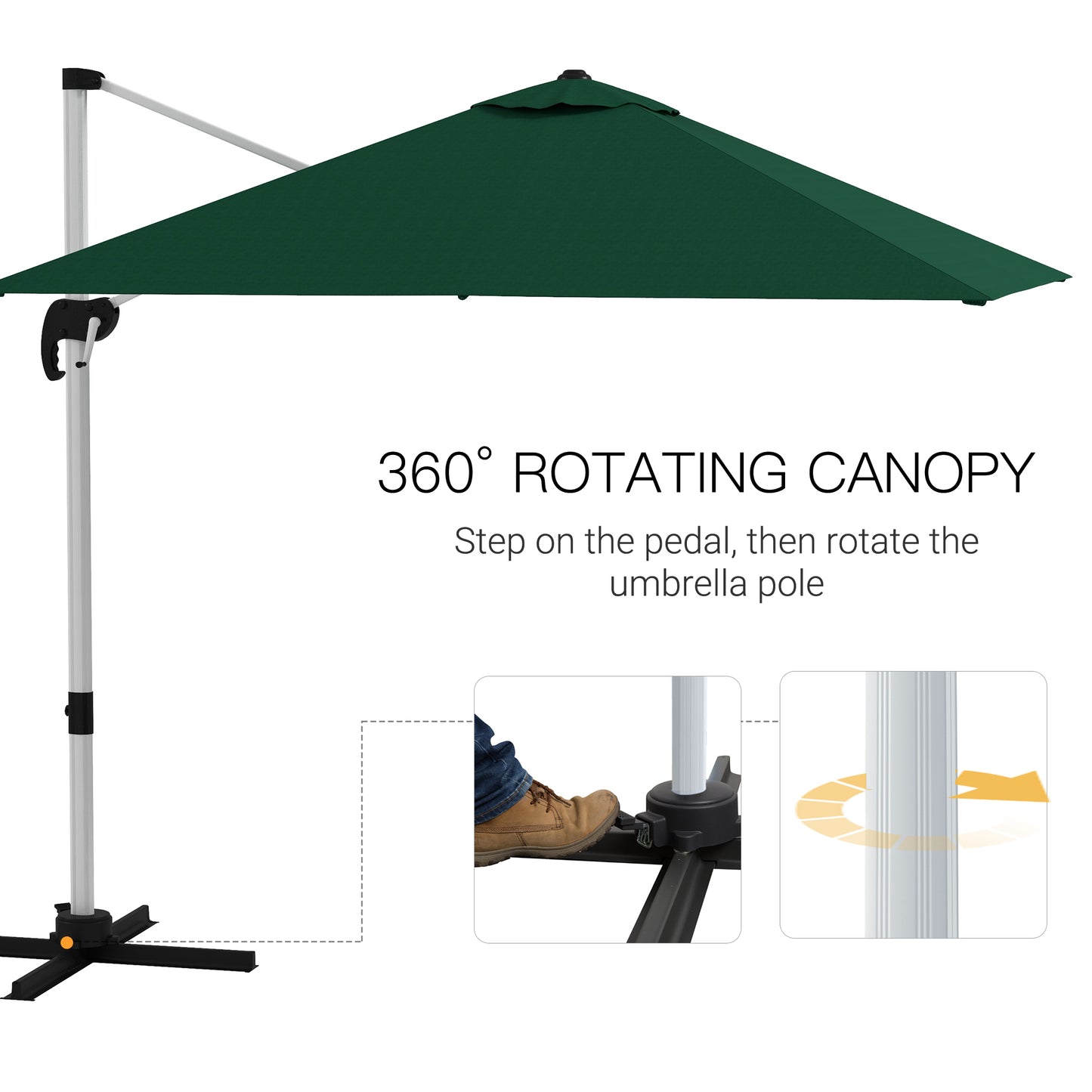 Outsunny 3 x 3(m) Square Cantilever Parasol with Cross Base, Crank Handle, Tilt, 360° Rotation and Aluminium Frame, Green