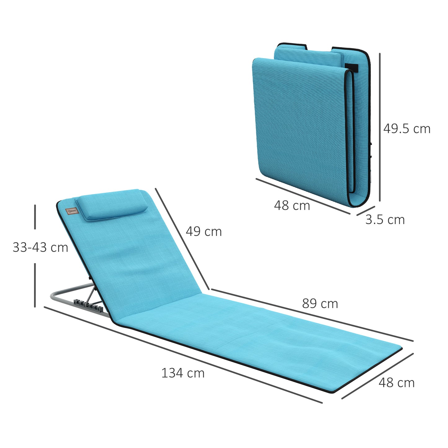 Outsunny Metal Frame PE Fabric 2 Pieces Outdoor Beach Reclining Chair Set w/ Pillow Light Blue