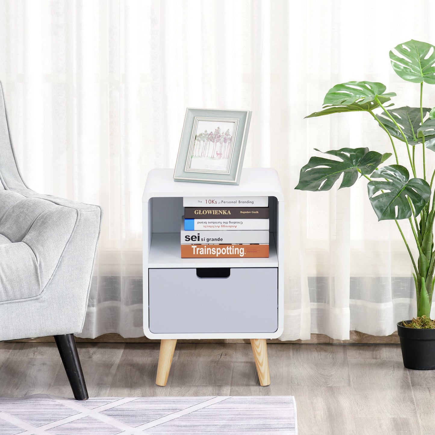 Scandinavian Retro Style Bedside Table, 40Lx38Wx58H cm-White/Grey/Natural Wood Colour