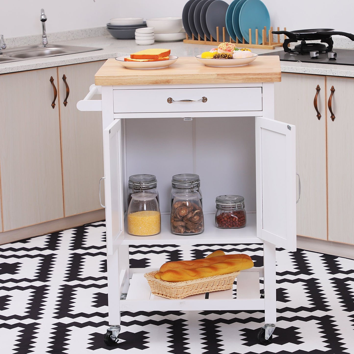 Kitchen Island Trolley Cart With Drawer-White/Oak Colour
