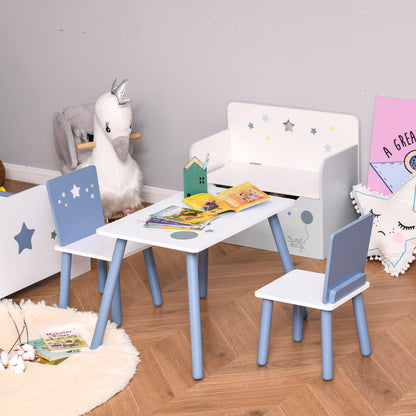 Kids Table and Chairs Set 3 Pieces 1 Table 2 Chairs Toddler Wooden Multi-usage Easy Assembly Star Image Ornament Blue and White