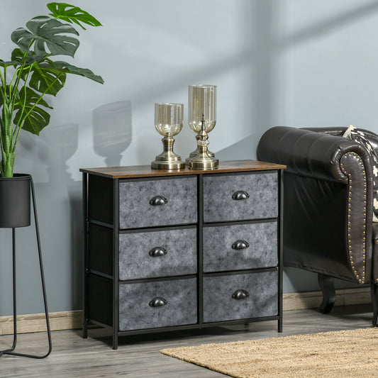 Chest of Drawer Fabric Dresser Storage Cabinet for Bedroom Night Stand with 6 Drawers Steel Frame Handles - Grey and Black