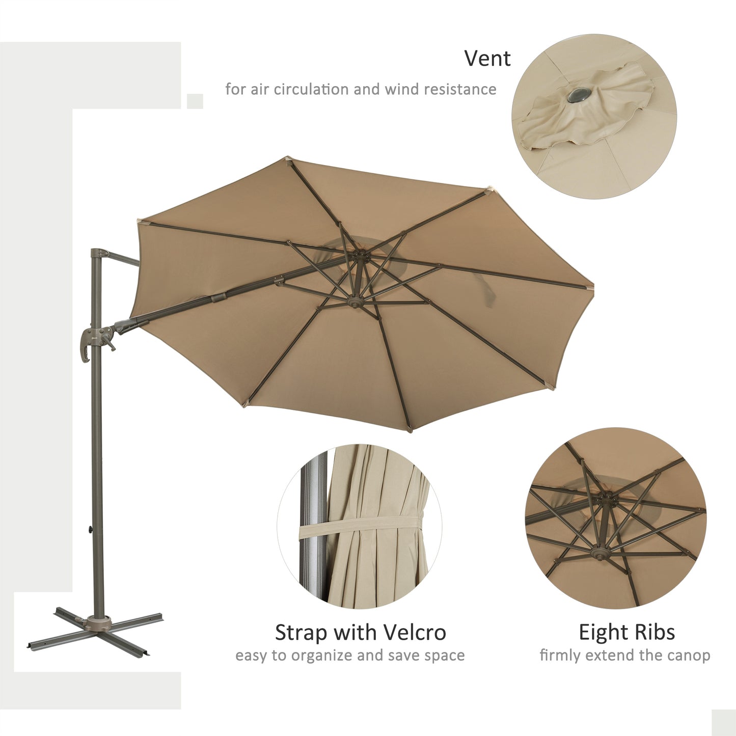 Outsunny 3M Cantilever Patio Parasol Roma Umbrella Hanging Sun Shade Canopy Cover Tilt Crank 360 Degree Rotating System Khaki