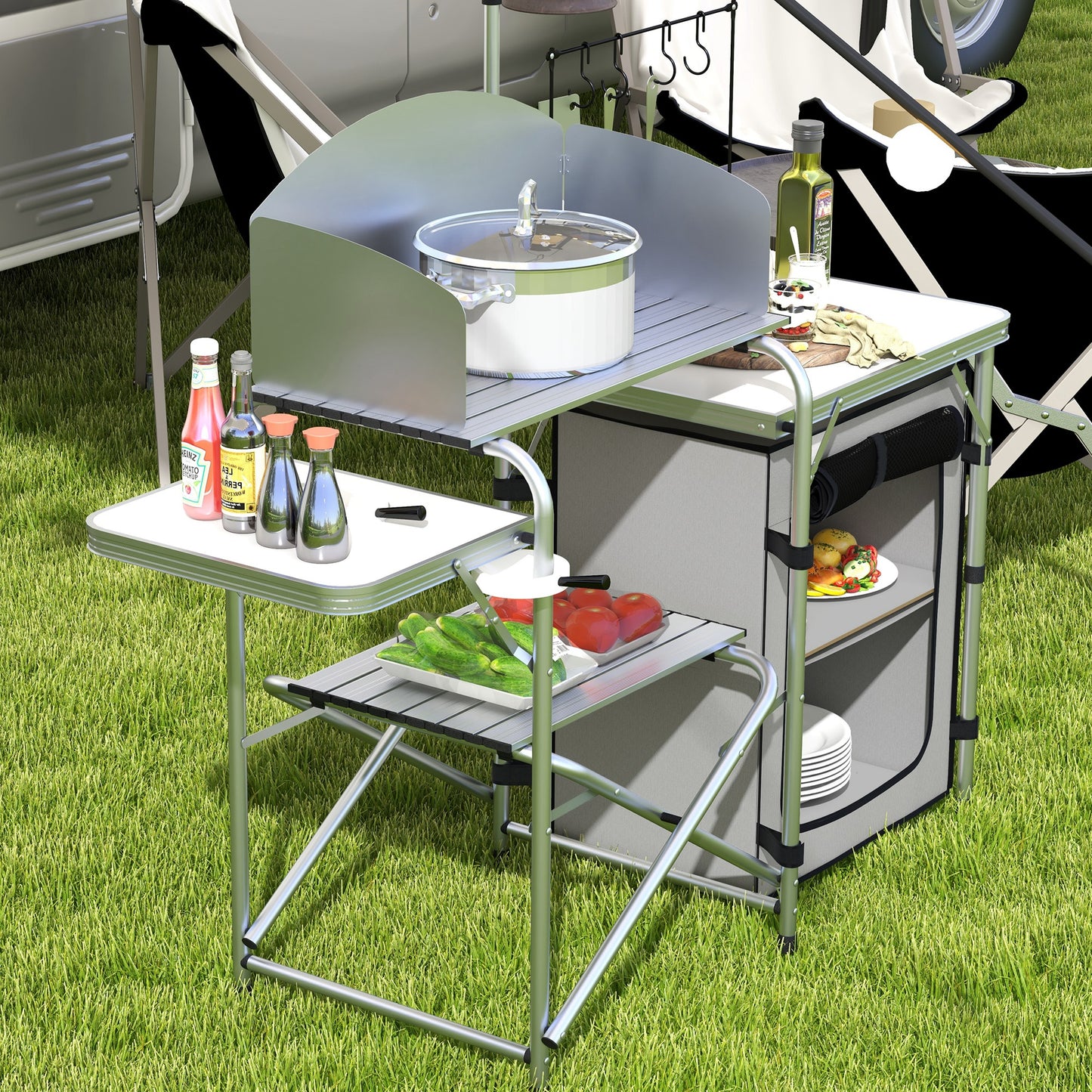 Outsunny Camping Picnic Kitchen With Storage Cupboard, Folding Table, Aluminium Portable With Windshield, Light Stand, Carrying Bag For BBQ - Silver