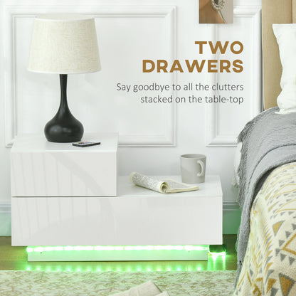 High Gloss Front Bedside Cabinets with Drawers, Nightstand with RGB LED Light and Remote for Bedroom Living Room White